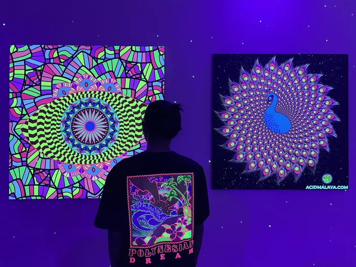 A visitor in front of glowing mandala and peacock artworks