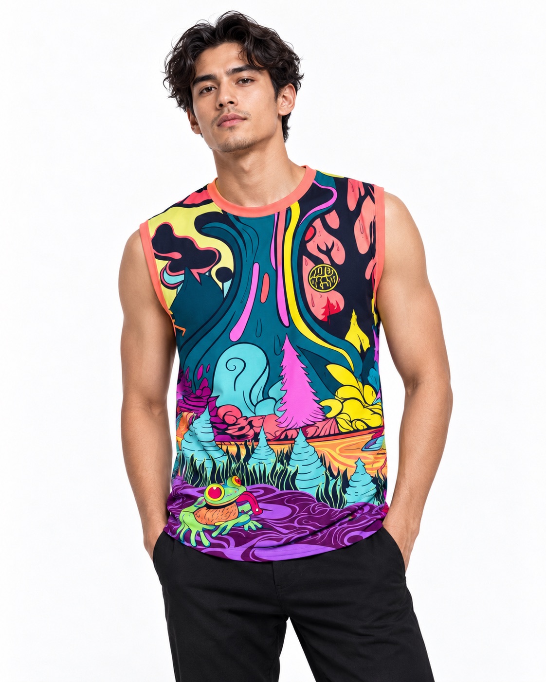 Model wearing the Acid Valley muscle tank — psychedelic frog landscape print