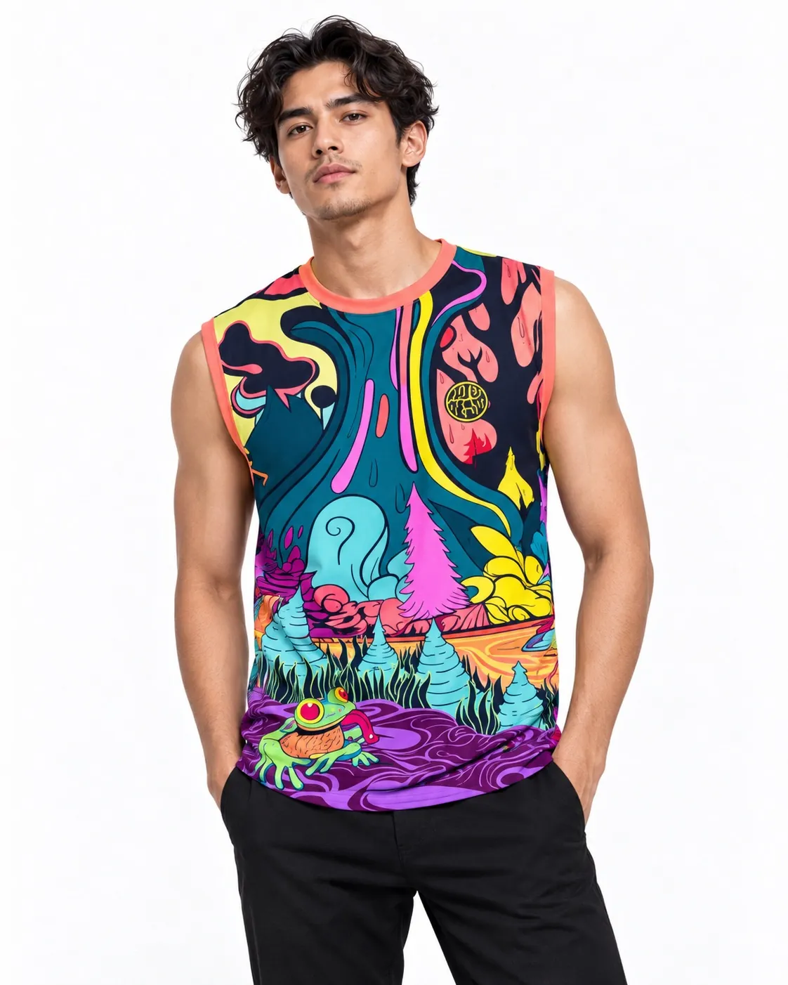 Model wearing the Acid Valley muscle tank — psychedelic frog landscape print