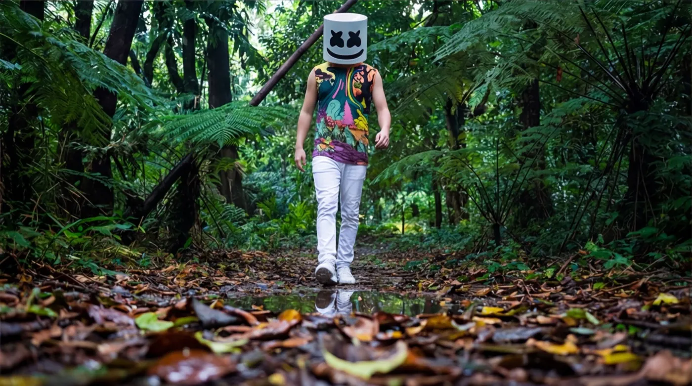 Wearing the Acid Valley tank among the trees at night