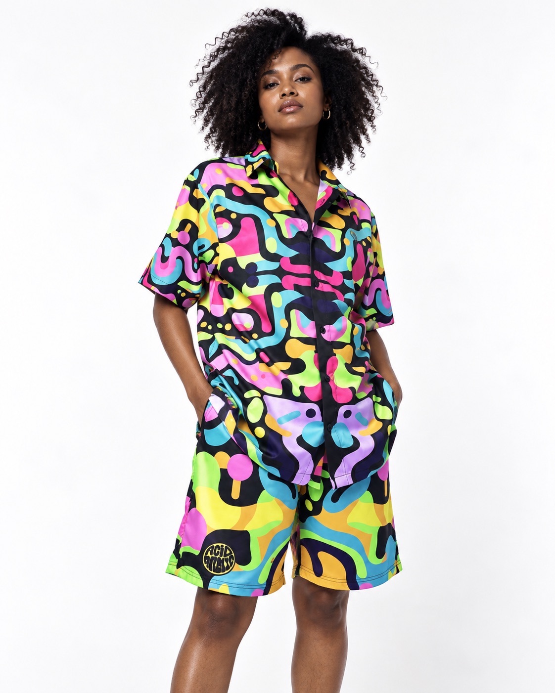 Model wearing the Acidversary neon button-up shirt and shorts set