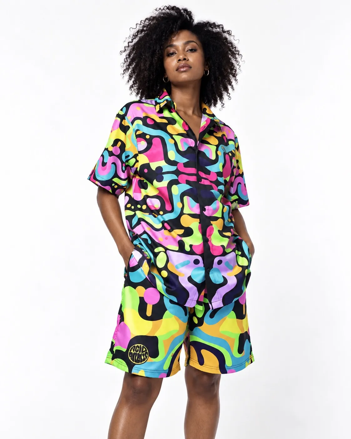 Model wearing the Acidversary neon button-up shirt and shorts set