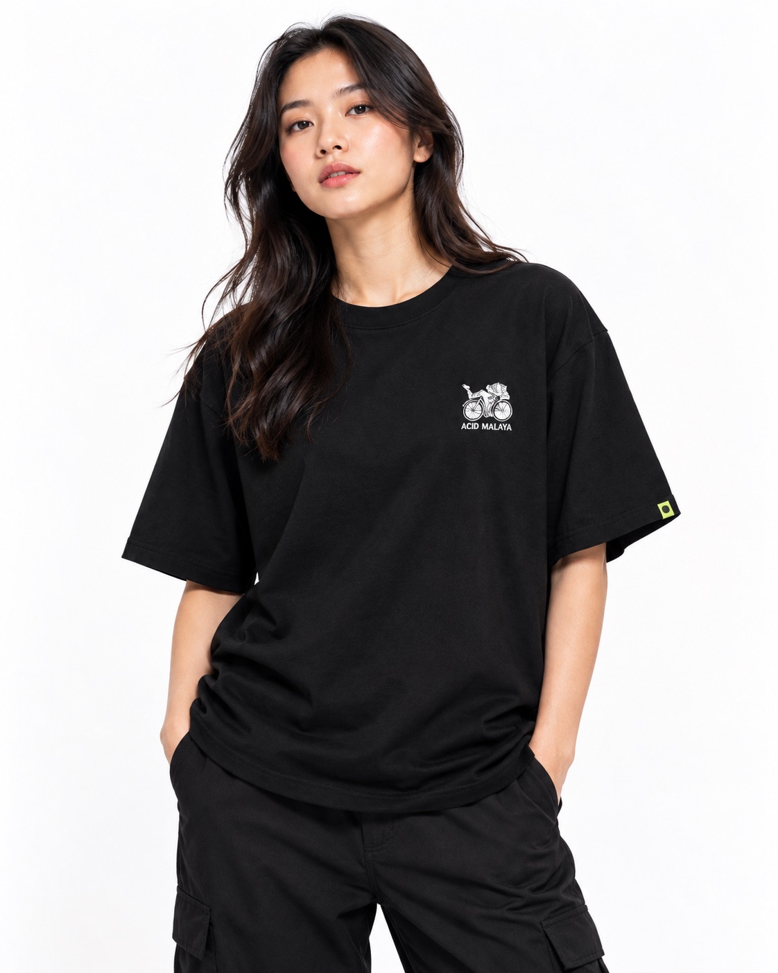 Model wearing the black Bicycle Day cotton tee