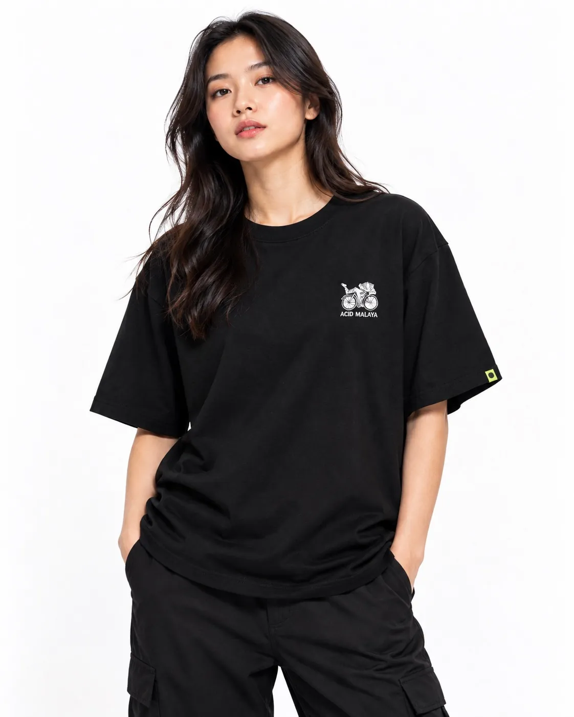 Model wearing the black Bicycle Day cotton tee